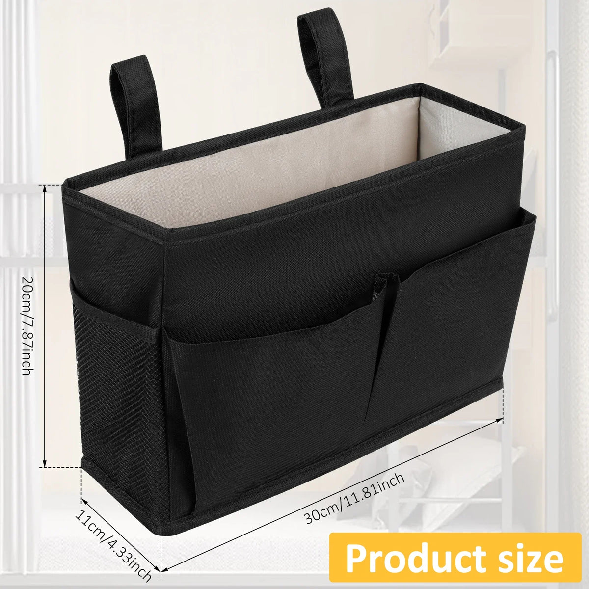 sac rangement lit suspendu polyester noir blanc beige poches filet minimaliste fonctionnel