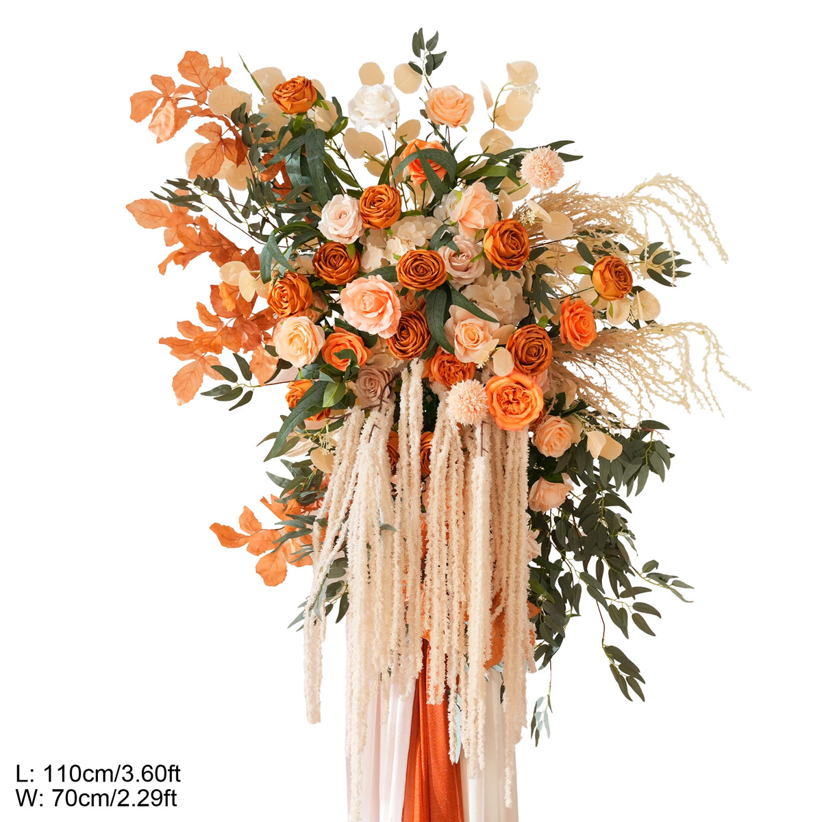 arche décorative boho chic fleurs artificielles orange feuilles vertes franges blanches extérieur mariage anniversaireévénement