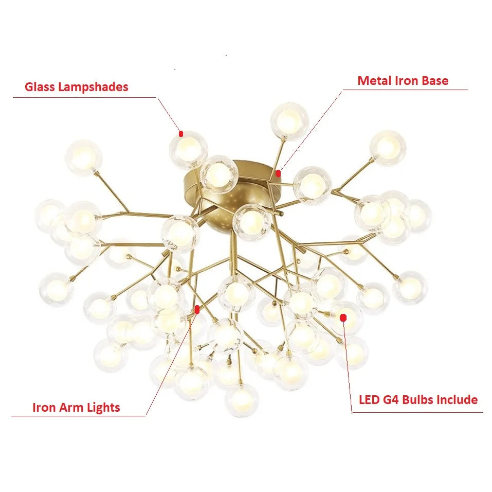 Suspension moderne or boules translucides 54 ampoules led grande taille chambre salon