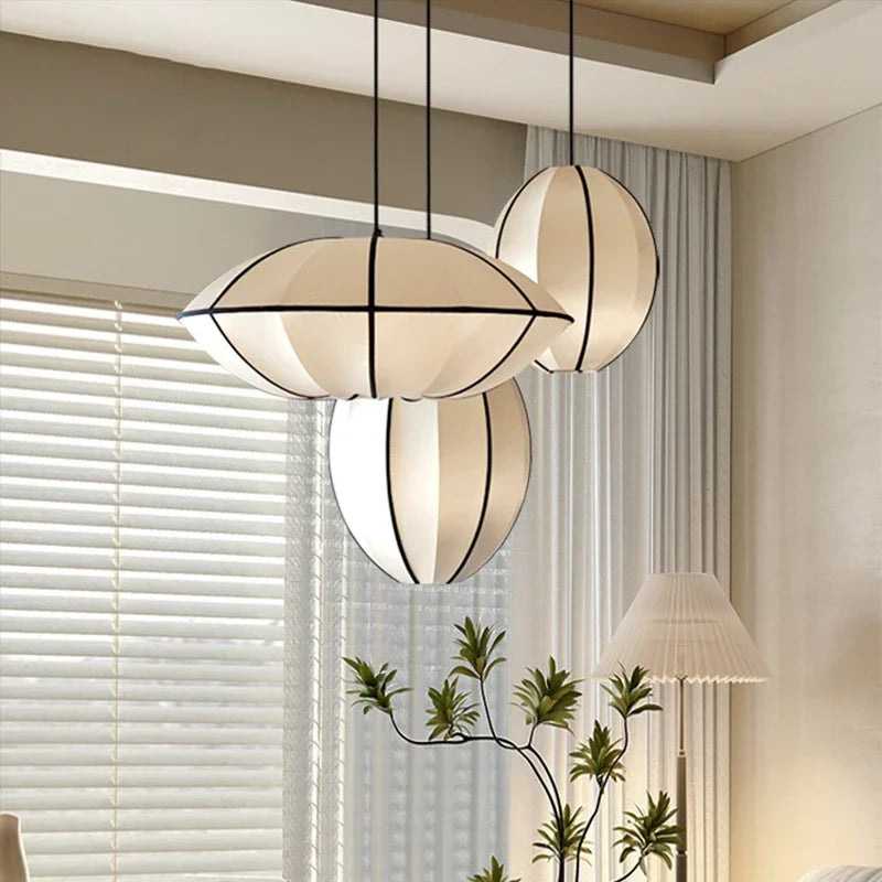 suspension moderne tissu blanc motif géométrique opaque chambre salon lumière led pendentif