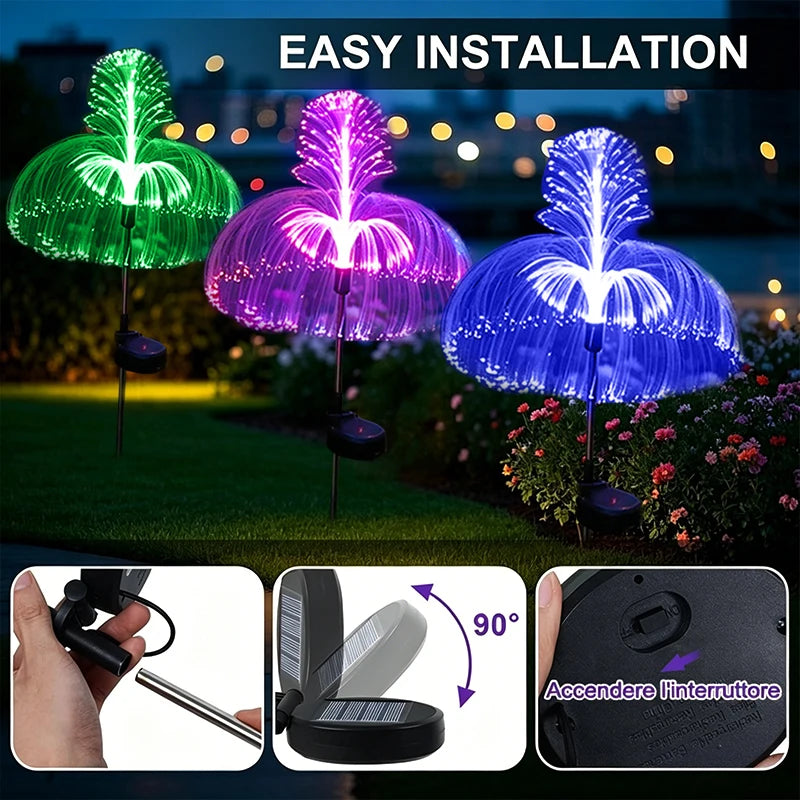 luminaire fibre optique solaire orange vert bleu violet moderne extérieur jardin cour