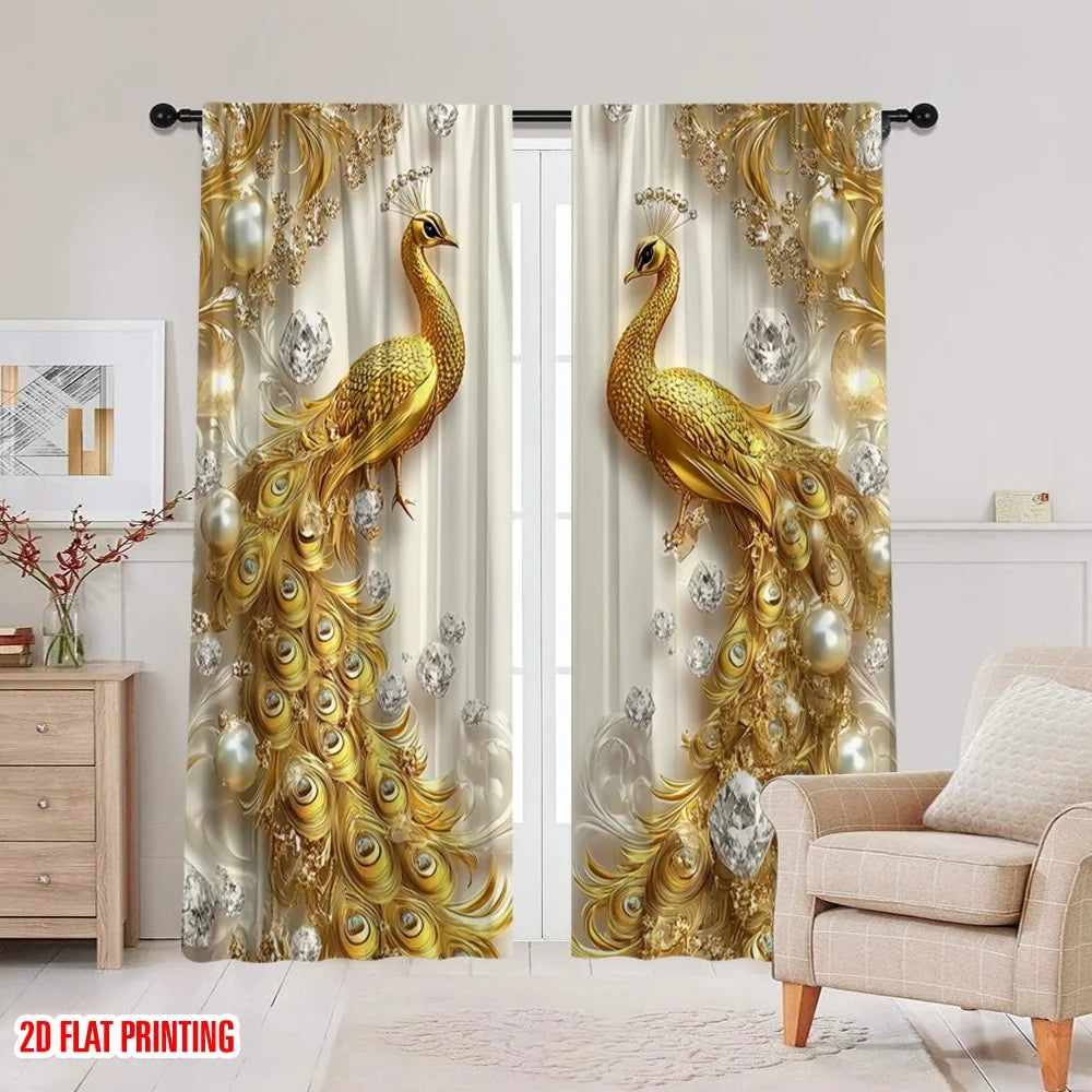 rideau moderne or paon doré diamants fond beige 100 polyester opaque panneaux