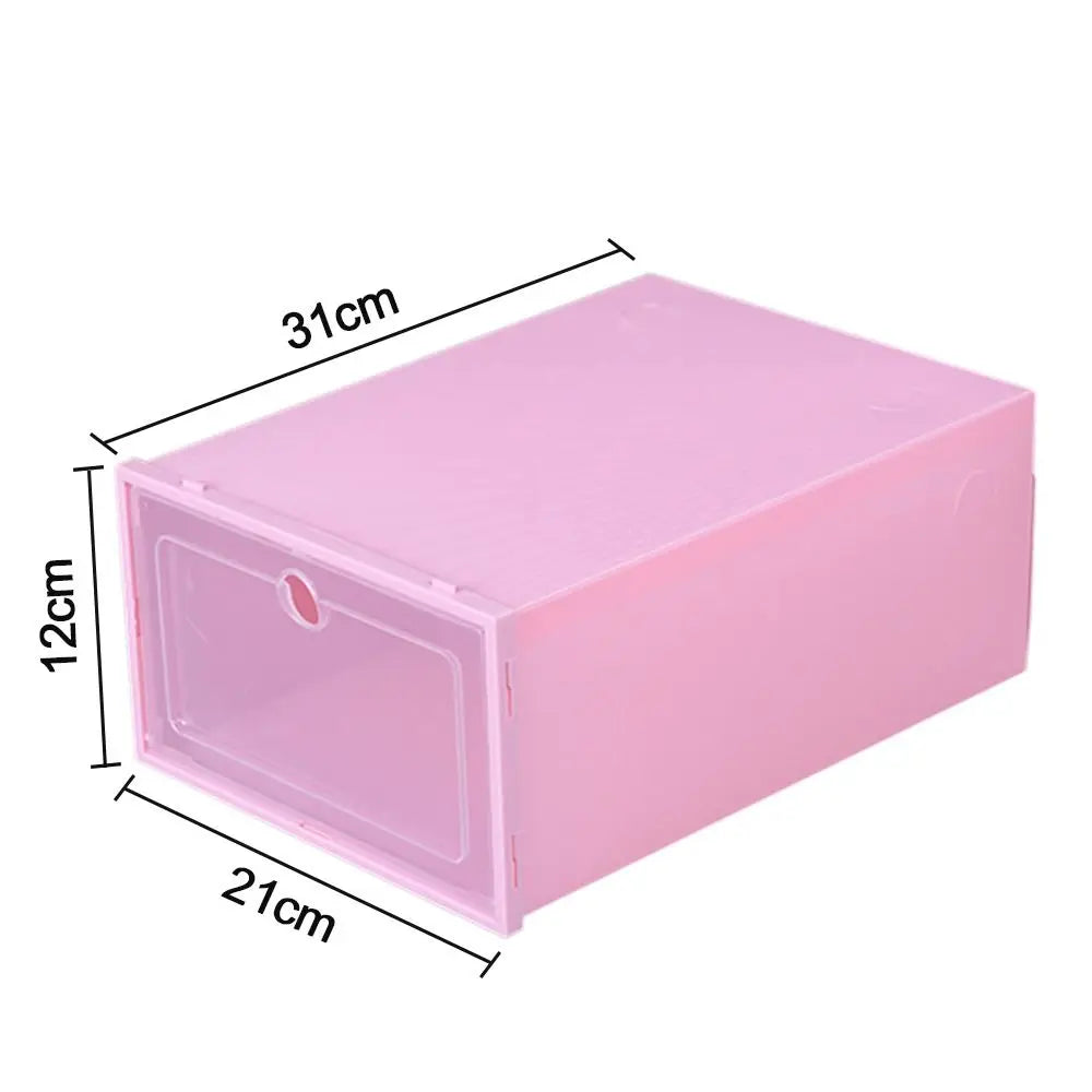 boîtes chaussures transparentes modernes réutilisables noir bleu blanc rose vert pastel poignées incluses