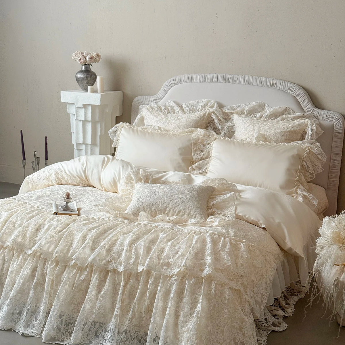 ensemble literie coton dentelle florale taies d'oreiller couverture romantique vintage shabby chic blanc cassé