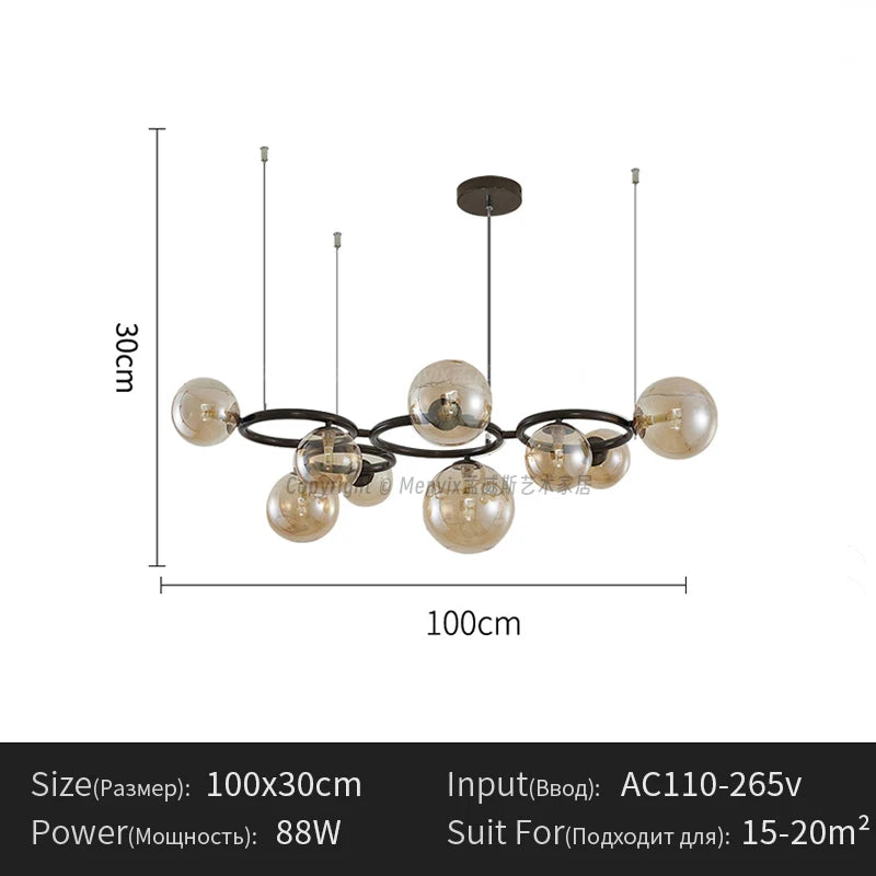Suspension lumineuse moderne boule verre transparente câbles suspendus salle salon chambre