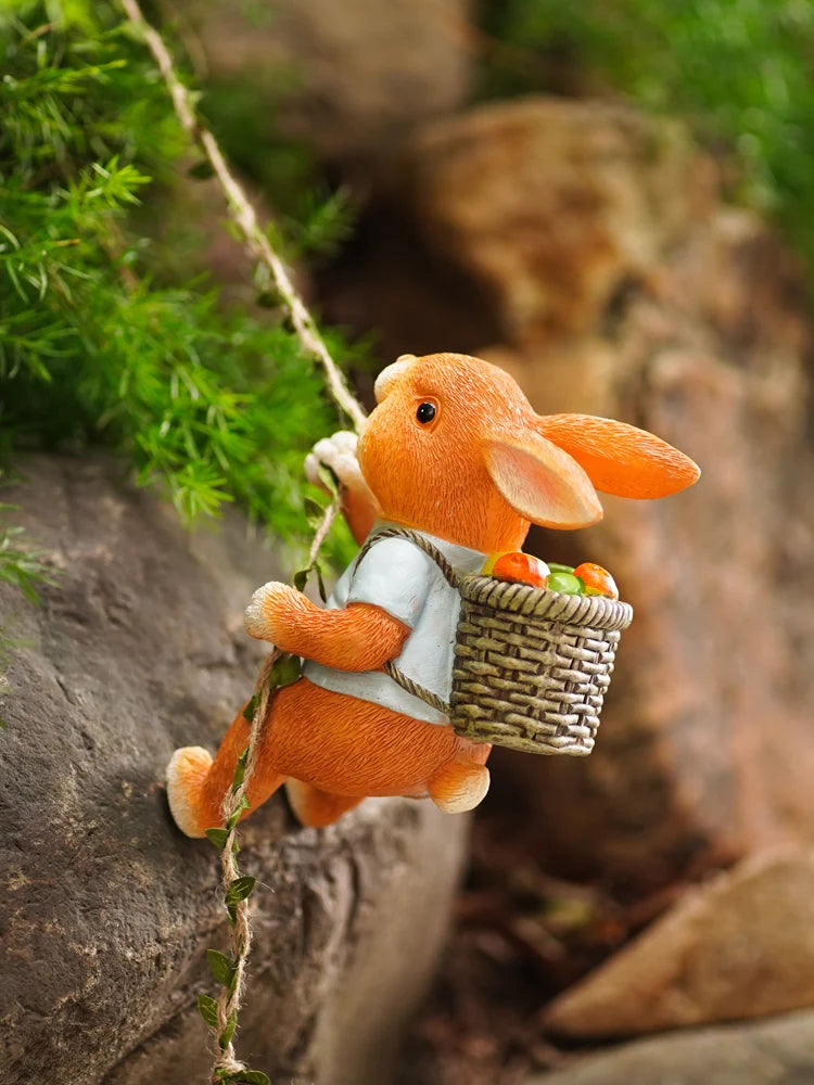 figurine lapin résine orange blanc peluche panier pommes décoration intérieure extérieure balcon jardin