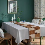 chinois table chemin patchwork cuir vache lin rustique marron blanc geometrique imprimé farmhouse deco