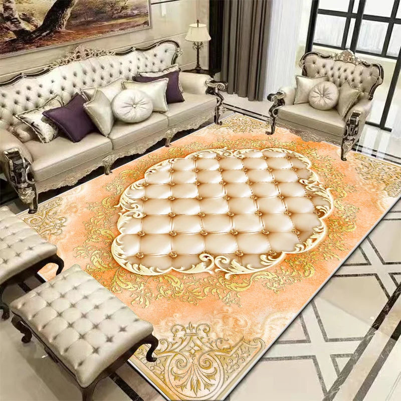 Un élégant salon avec un mobilier tufté en blanc crème, des motifs dorés fleuris sur un tapis et une fenêtre avec des rideaux sombres, créant une atmosphère luxueuse et sophistiquée.