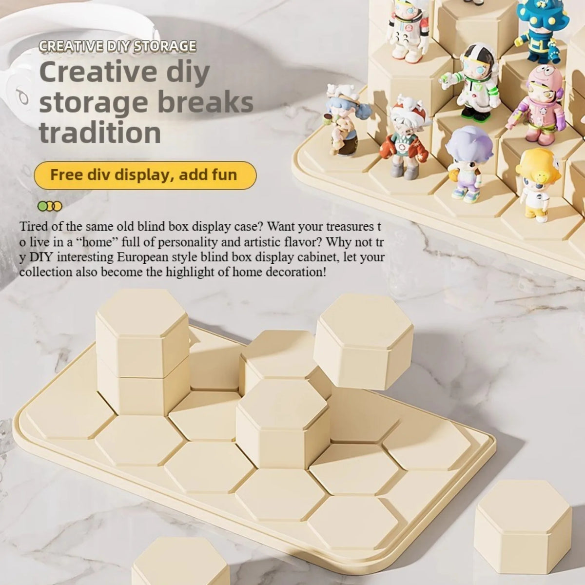 présentoir transparent modulaire solo salon respectueux environnement moderne cartoon figurines colorées hexagonal