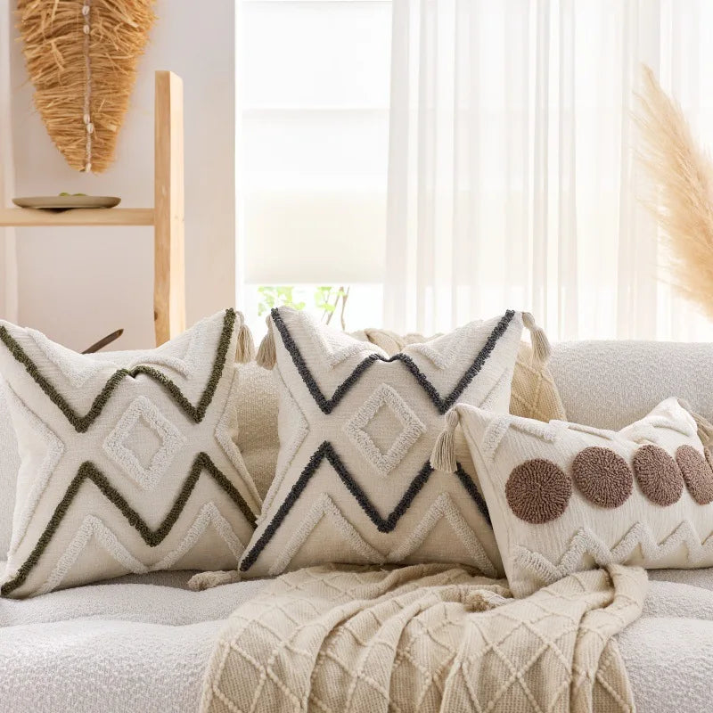housses coussins chenille géométriques boho chic beige franges adhésives décoration salon voiture 45x45cm 30x50cm