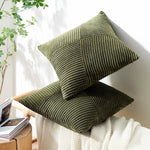 ensemble coussin décoratif vert olive rayures horizontales moderne velours côtelé patchwork canapé