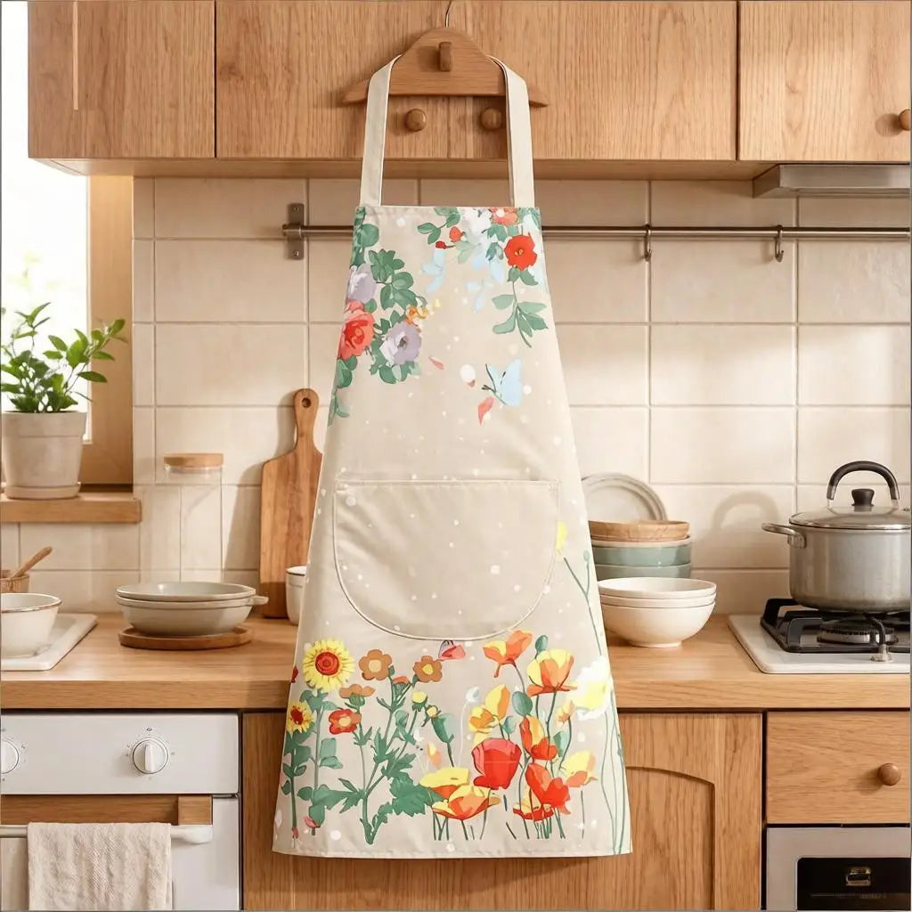 tablier moderne fleurs colorées beige noir poche élastique résistant nettoyage utilitaire multifonctionnel