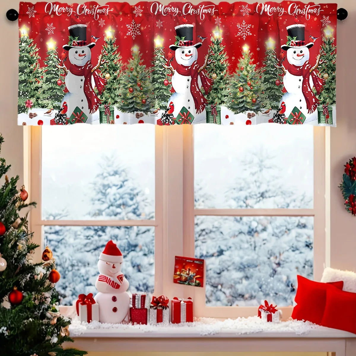 rideau fenêtre noël rouge blanc noir bonhomme neige flocon sapin renne opacité traditionnel clips