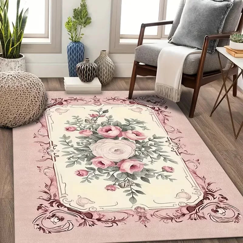 tapis vintage floral beige rose rouge vert noir classique salon chambre décoration maisonextérieur