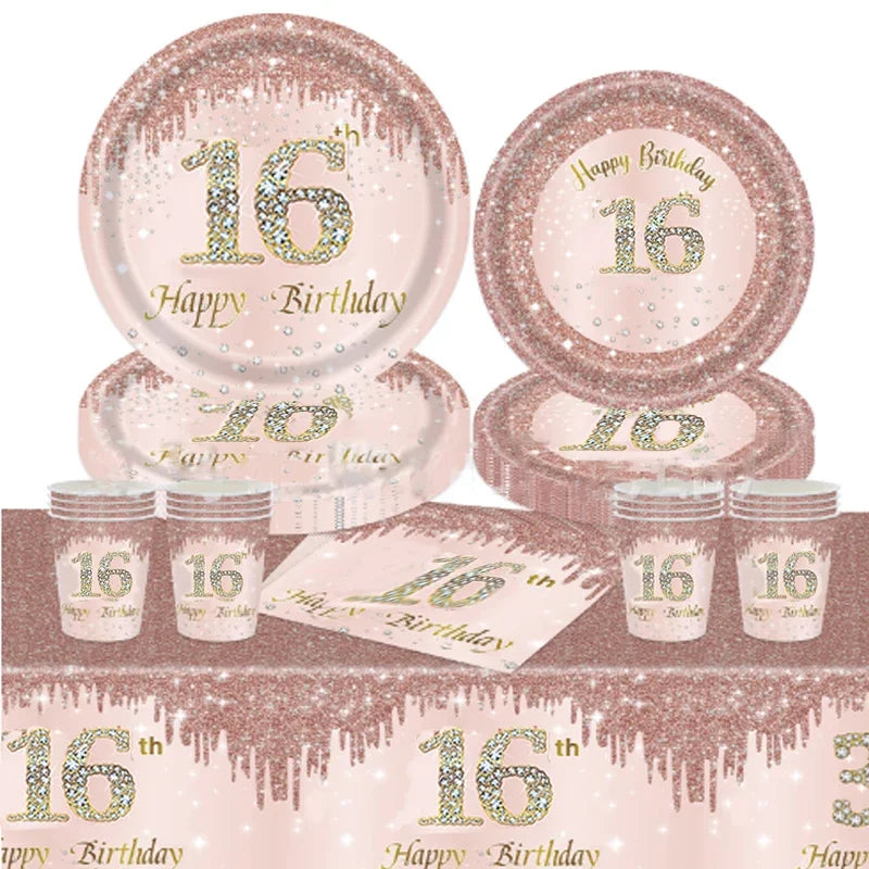 vaisselle jetable rose paillettes 16th birthday assiettes verres serviettes nappe festive