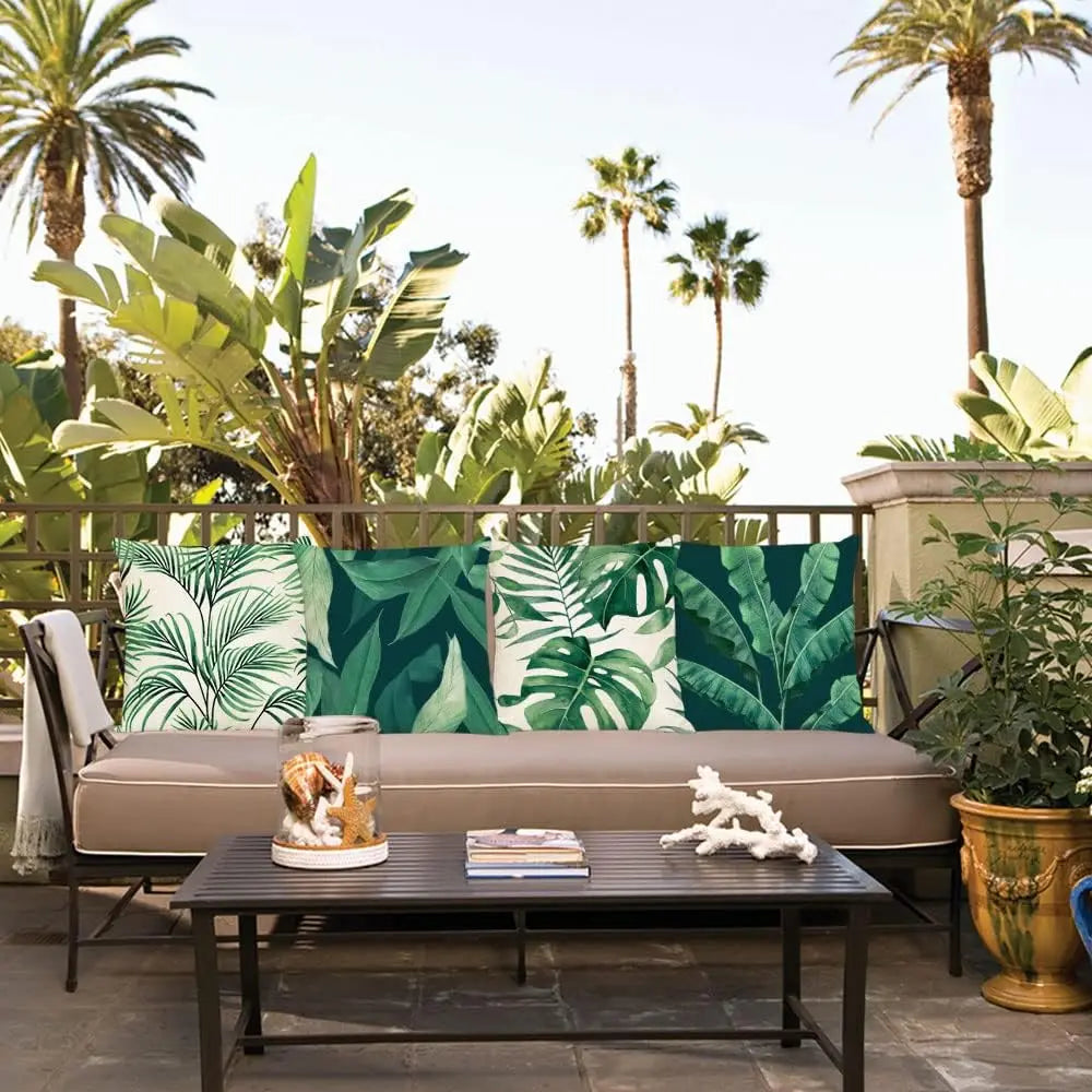 taies oreiller motif feuilles tropicales verte blanche modernes décoratives carrées 40x40cm 45x45cm