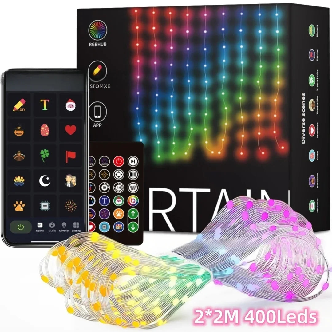 rideau lumineux led multicolore 400 leds moderne grille decorative telecommande application mobile