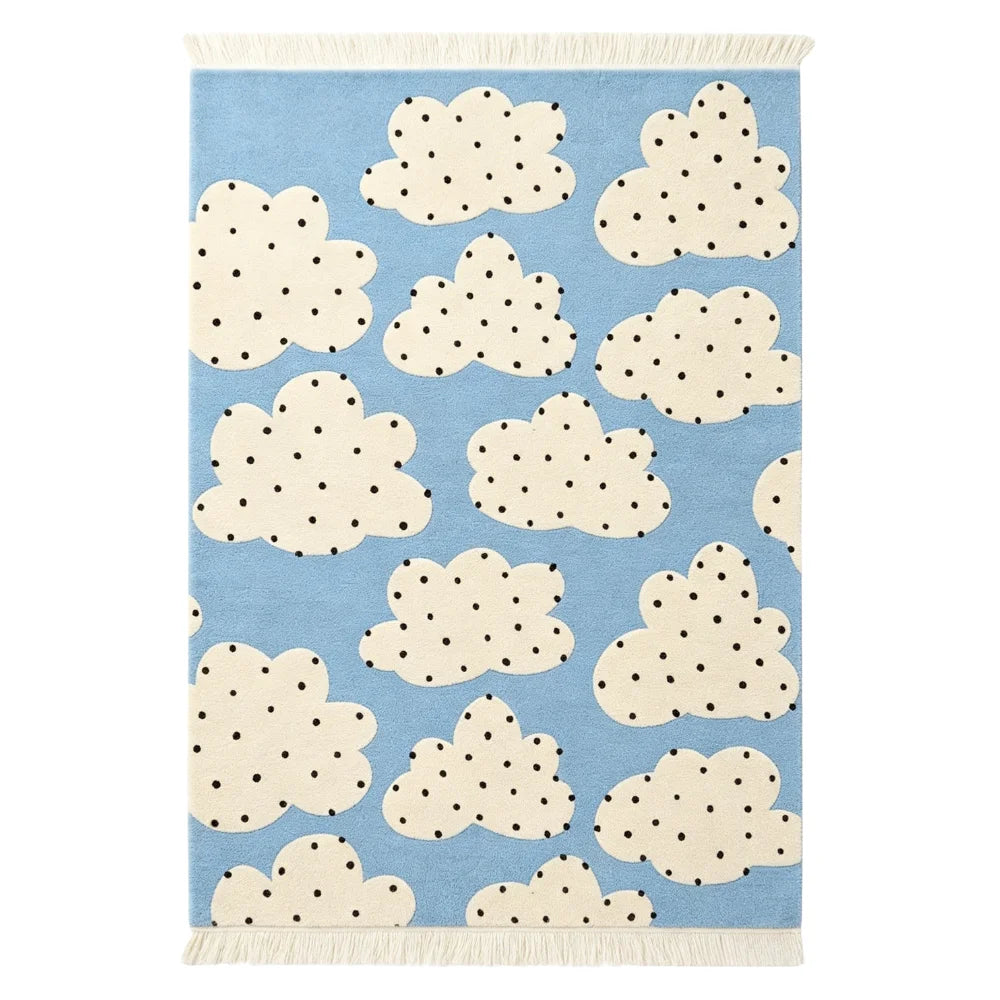 tapis moderne nuages blancs tissu doux bleu clair noir salon chambre bain extérieur