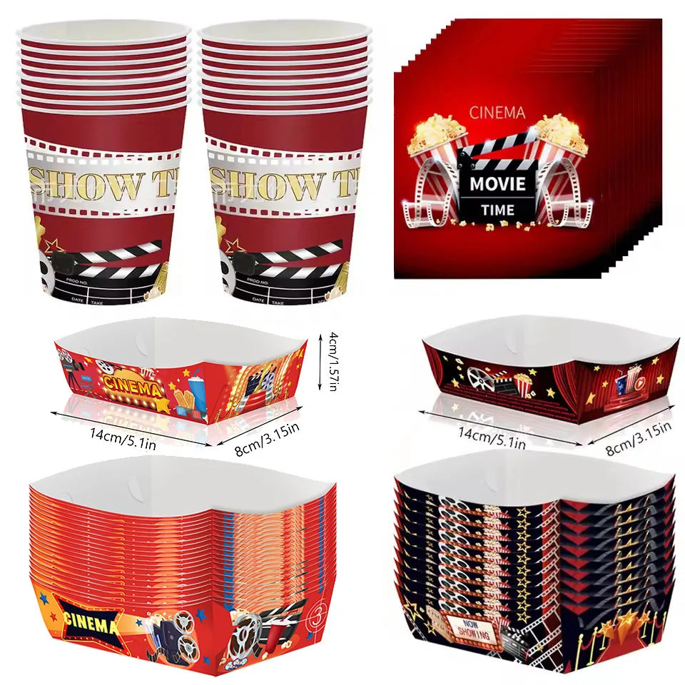 assiettes jetables thème cinéma gobelets boîtes snacks pop corn rouge blanc motifs films anniversaire