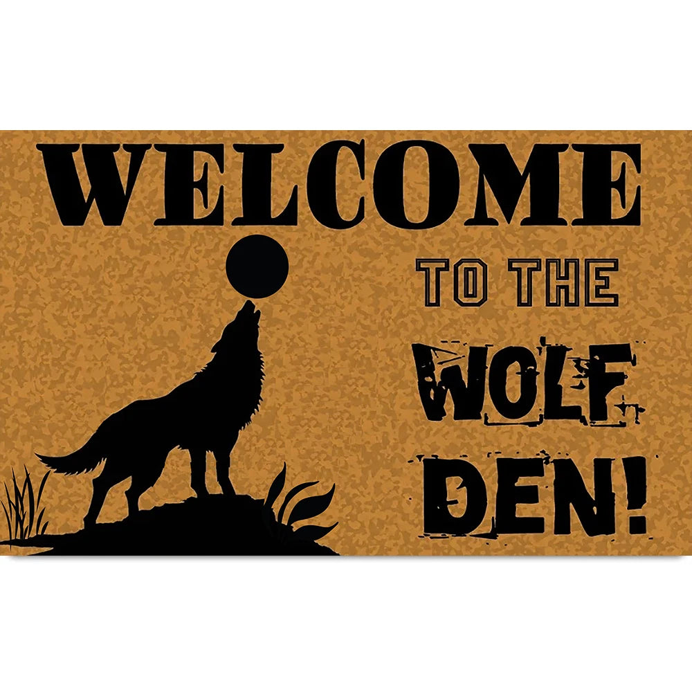 tapis d'entrée marron loup hurlant welcome wolf den antidérapant résistant extérieur intérieur vintage rustique