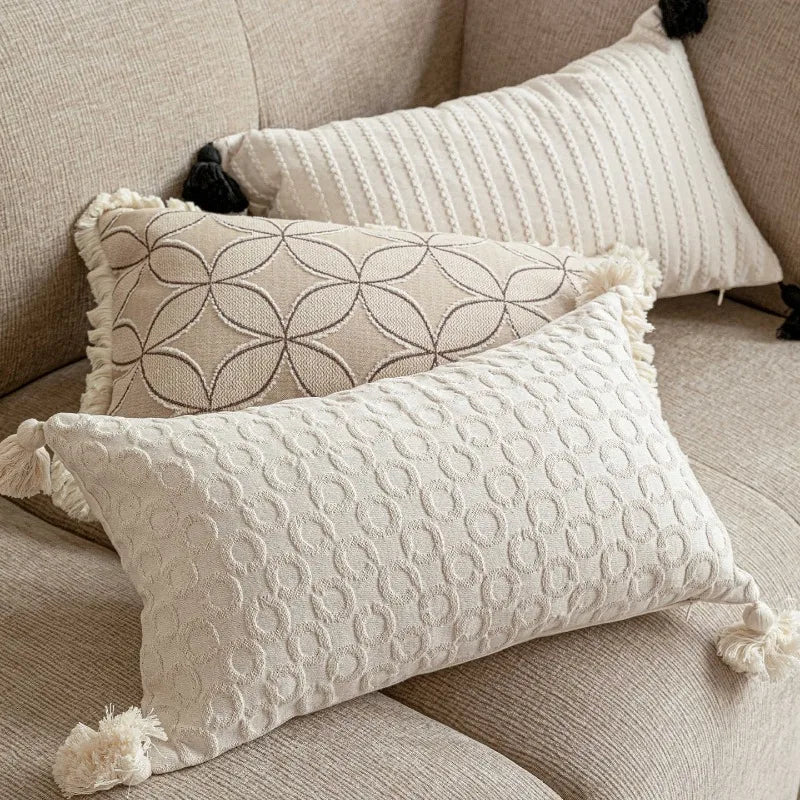 housse coussin jacquard géométrique oiseaux rustique tassel beige opacité décorative maison voiture 45x45cm 30x50cm