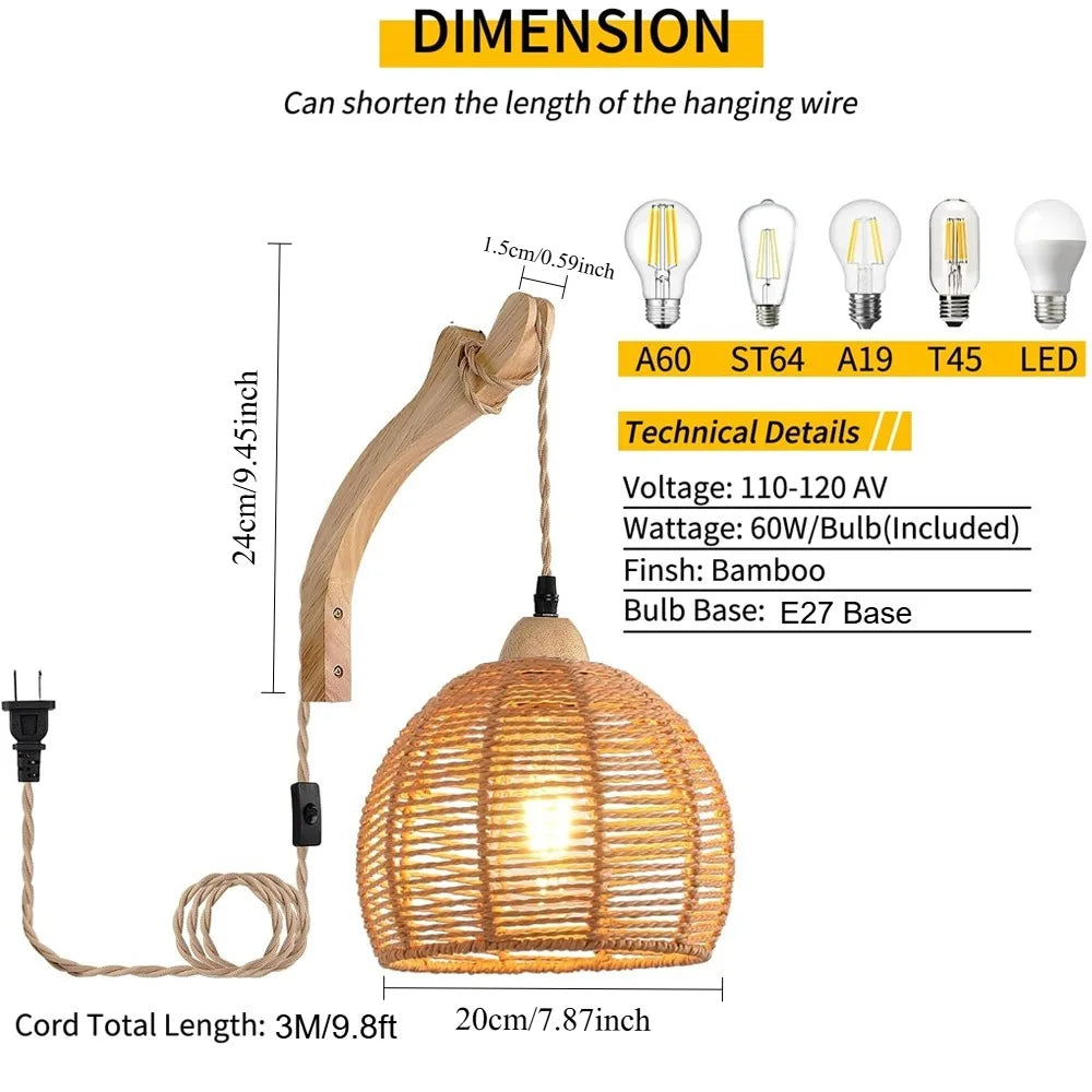 lampe murale suspendue tressée abatjour bois bohème rustique scandinave éclairage quotidien beige clair marronclair