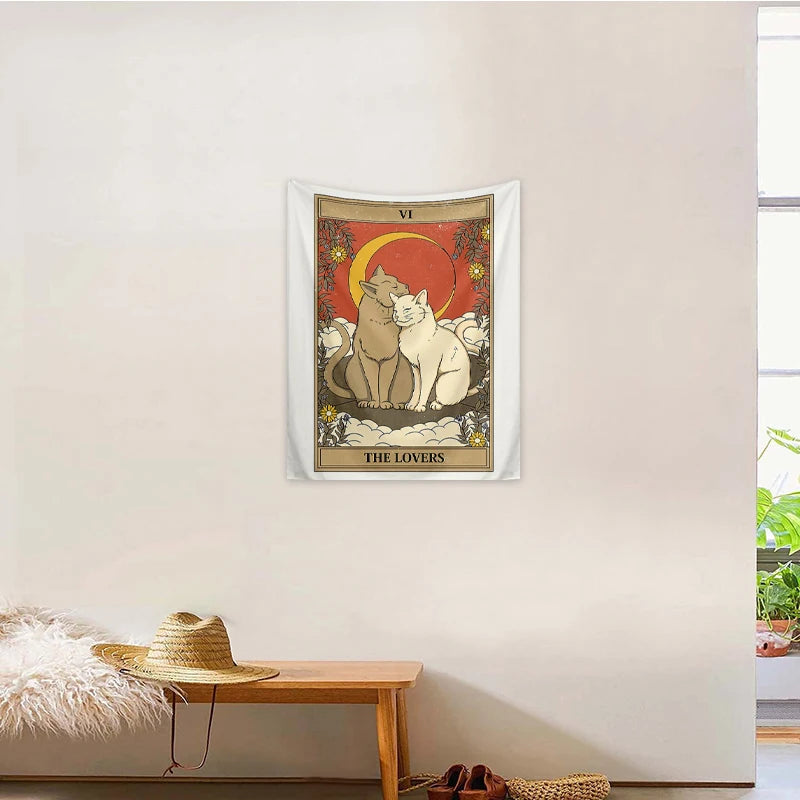 tapisserie murale moderne chat étoiles soleil lune clips polyester rectangle vintage
