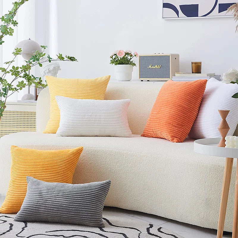 coussin velours côtelé gris orange bleu moderne rayures horizontales 30x50cm machine lavable