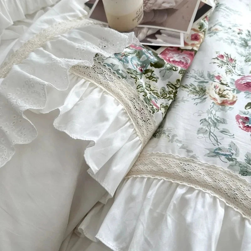 ensemble literie floral romantique blanc rose vert dentelle volants pièces
