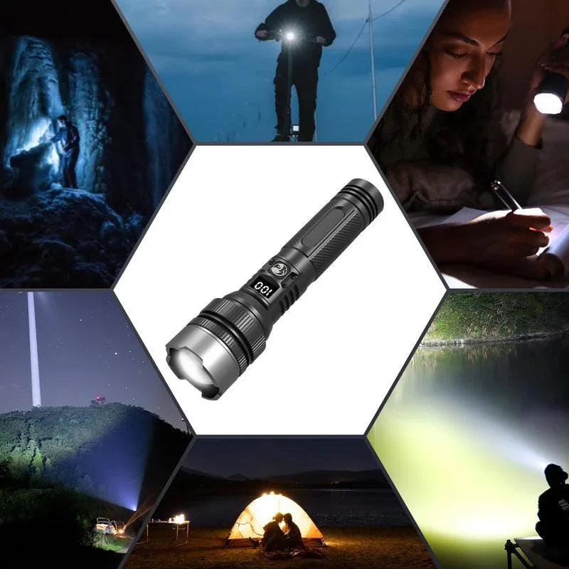 lampe torche led rechargeable usb affichage numerique etanche ipx8 longue durée camping noir texturé