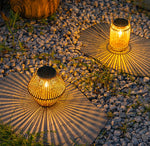 lanterne solaire marron clair tressée bambou rustique extérieur anneau suspension lumière naturelleextérieur