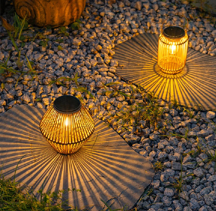 lanterne solaire marron clair tressée bambou rustique extérieur anneau suspension lumière naturelleextérieur