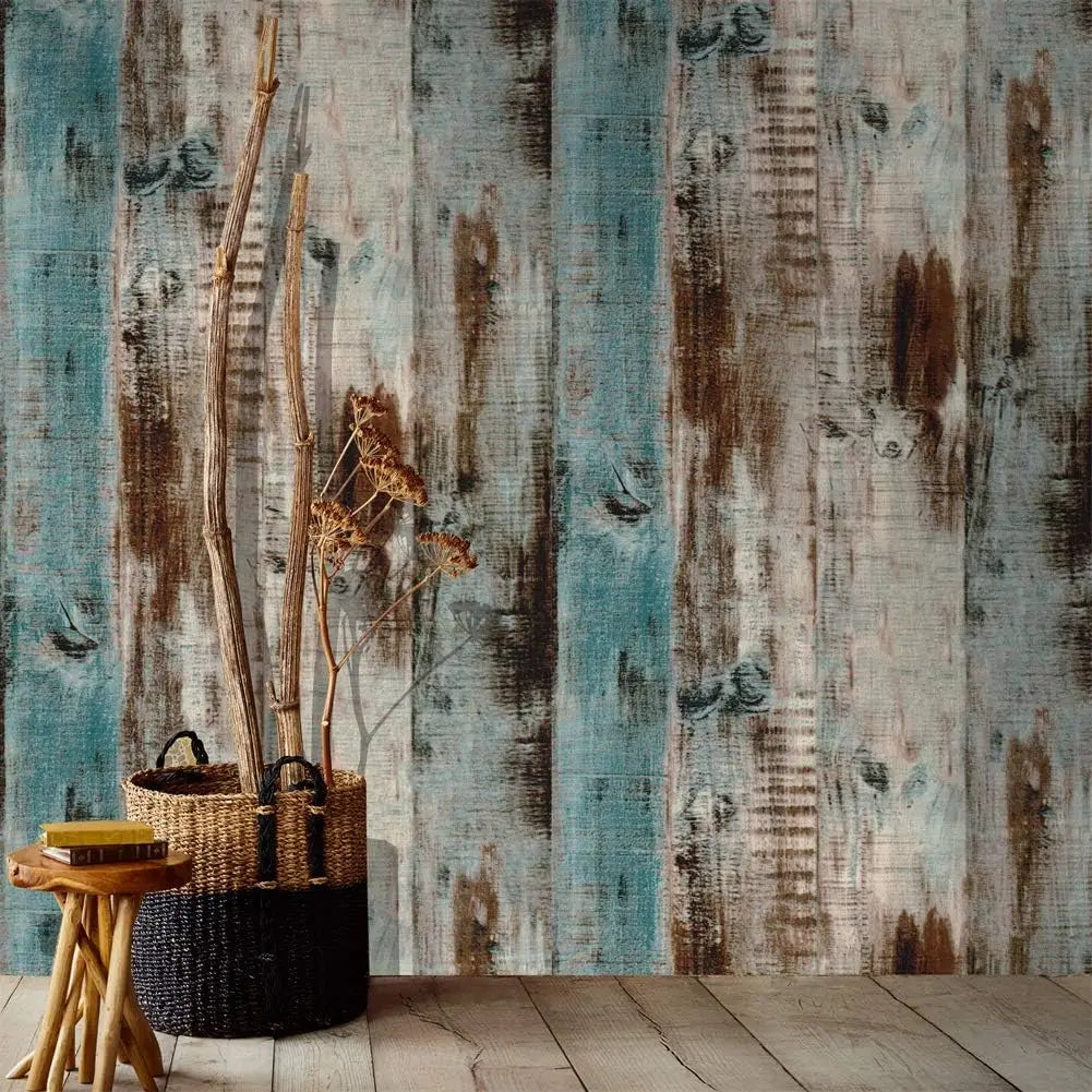 papier peint autocollant imitation bois vieilli moderne rustique vintage bleu gris brun opaquerollable muettedecoration