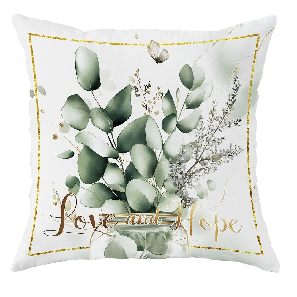 coussin blanc feuilles eucalyptus papillons texte sweet love hope zipper 45x45cm