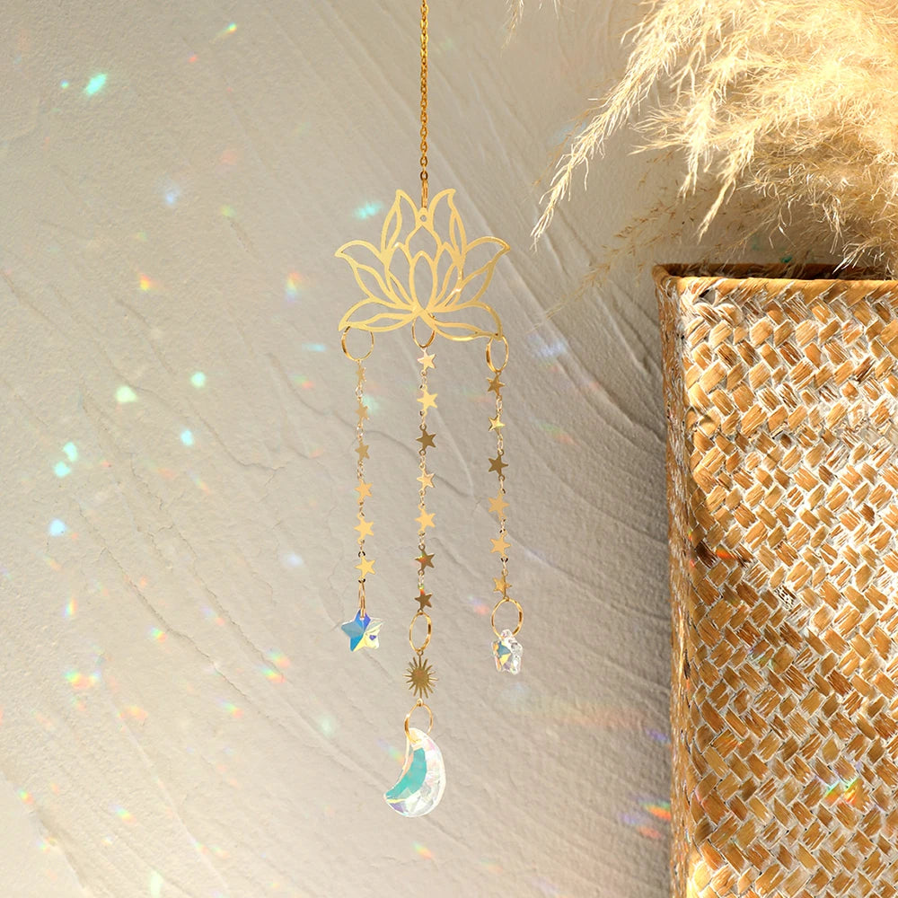 mobile solaire cristal lune étoiles fleurs décoration jardin intérieur suspendu boho romantique argent doré