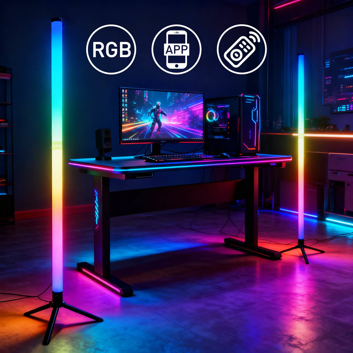 lampe led multicolore moderne pieds trépied télécommande bleu vert rouge violet économieénergie