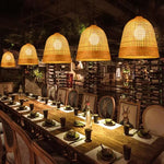 suspension lumineuse moderne bambou tissé ampoules led beige clair fixations câble opacité rustique