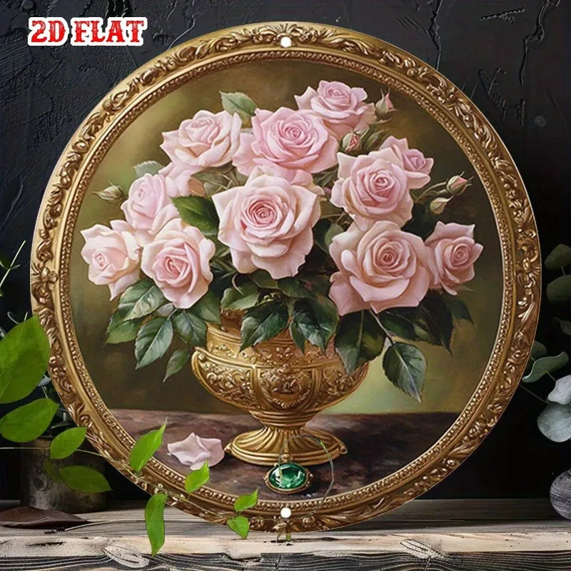 tableau mural classique bouquet roses vase doré élégant salon studio décor or rose verte