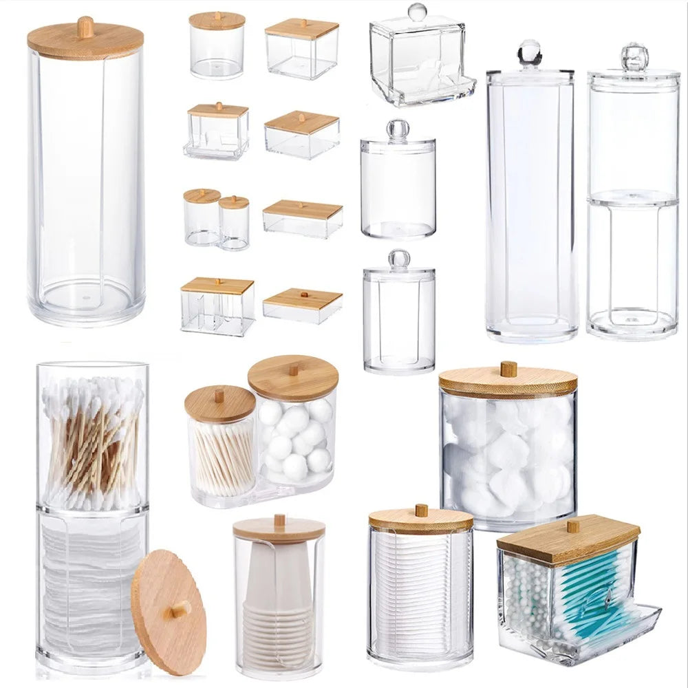 boîtes rangement transparentes couvercle bambou coton tige cosmétiques bijoux organisation moderne minimaliste