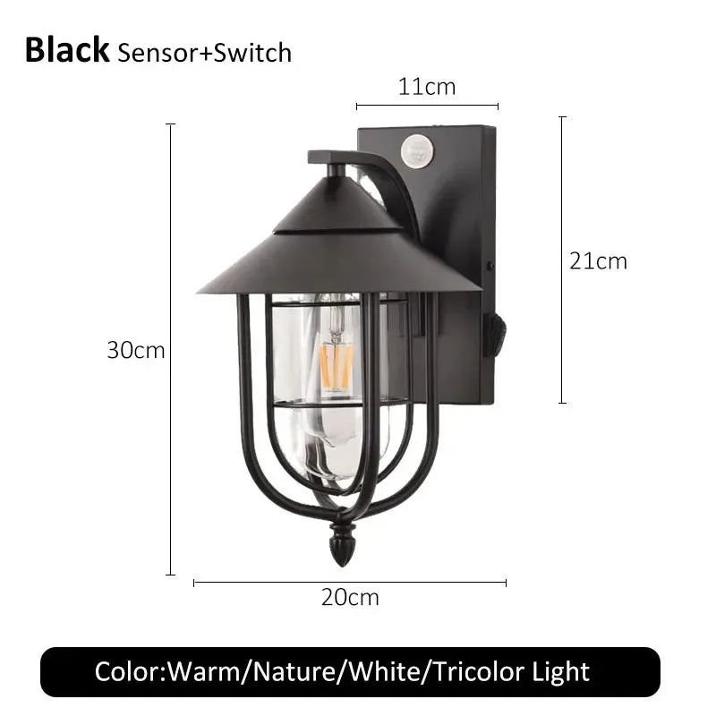 lampe murale vintage détecteur mouvement étanche noir transparent grille protectionextérieur maison flux lumineux 2492000