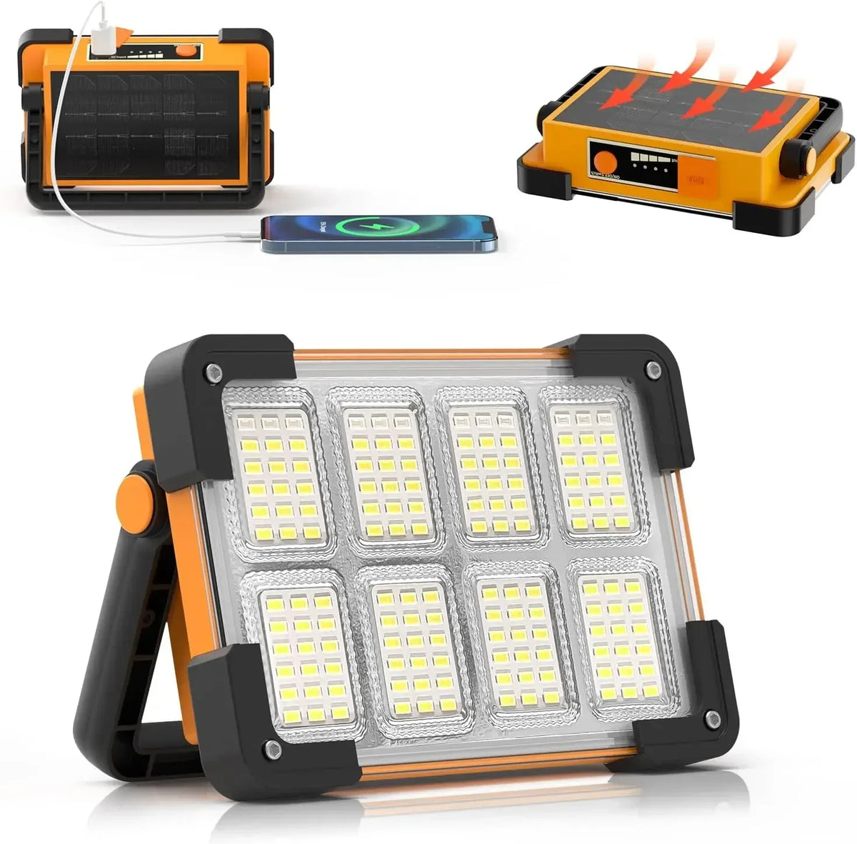 lampe travail solaire rechargeable led orange robuste poignée ajustable camping