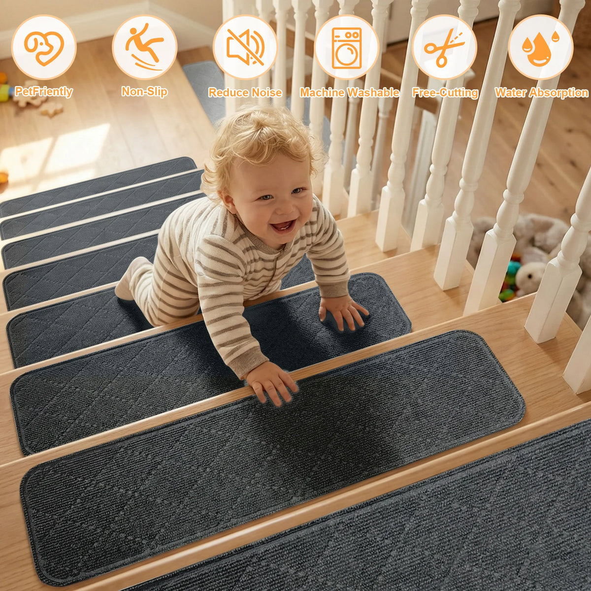 tapis d'escalier gris foncé texture tissée moderne antidérapant adhésif 20x76cmintérieur polyester tufté
