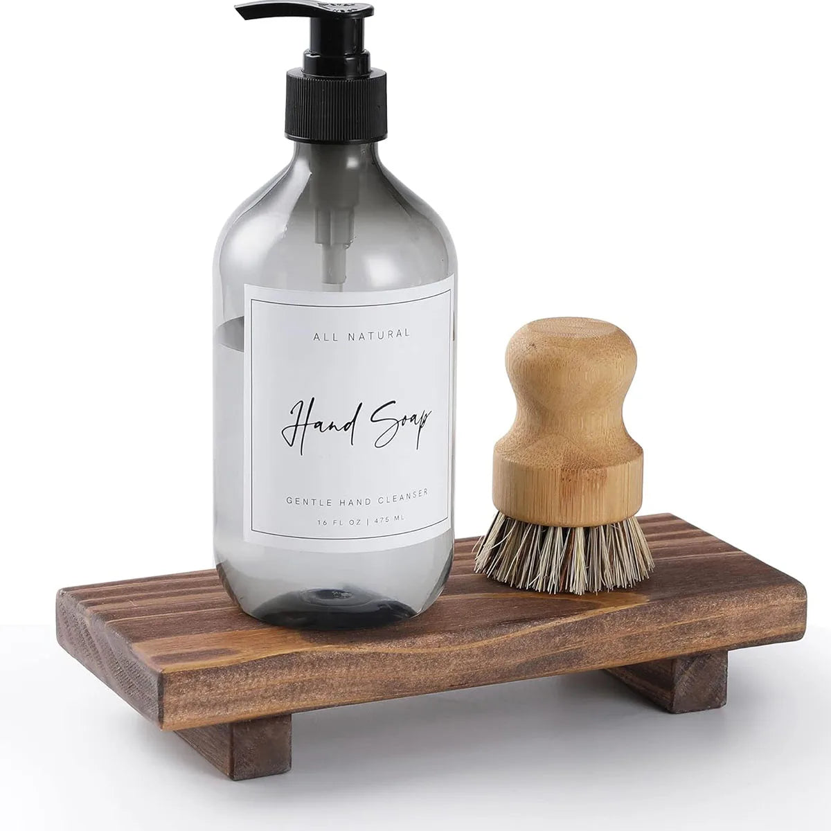 support salle bain bois plateau texturé bouteille savon brosse buvette bougies plantes décorations rustic