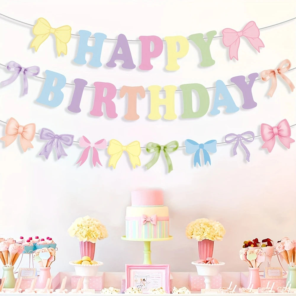 guirlande festivités multicolore lettres relief joyeux anniversaire noeuds decoratifs deco papier festive