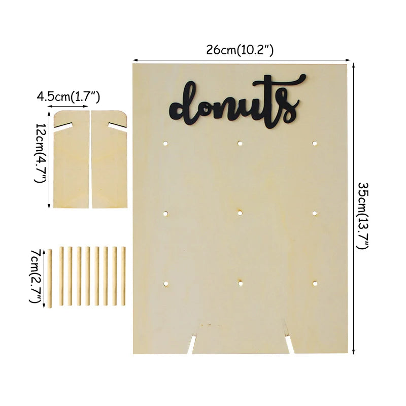 présentoir donuts bois rustique décoration mariage anniversaire événementiel hexagonal rectangulaire decorations multicolore vermicelles marshmallows