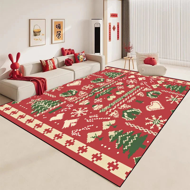 Tapis en rouge et vert avec motifs de Noël, décorations de Noël et coussins rouges dans un salon lumineux.