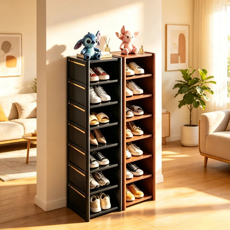 organisateur chaussures noir modulaire étagères empilables rangement moderne entrée maison baskets talons sacs figurines