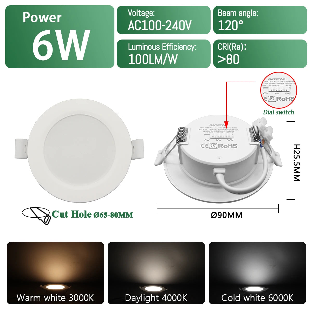 Spot LED Blanc Noir 75mm 90mm 120° 38° 90° interrupteur CCT moderne