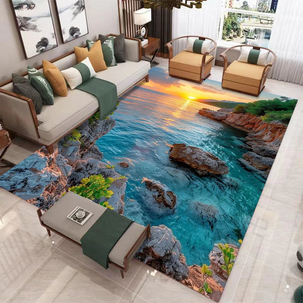 tapis paysage naturel moderne cascade forêt bleu vert blanc gris durable maison hôtelextérieur