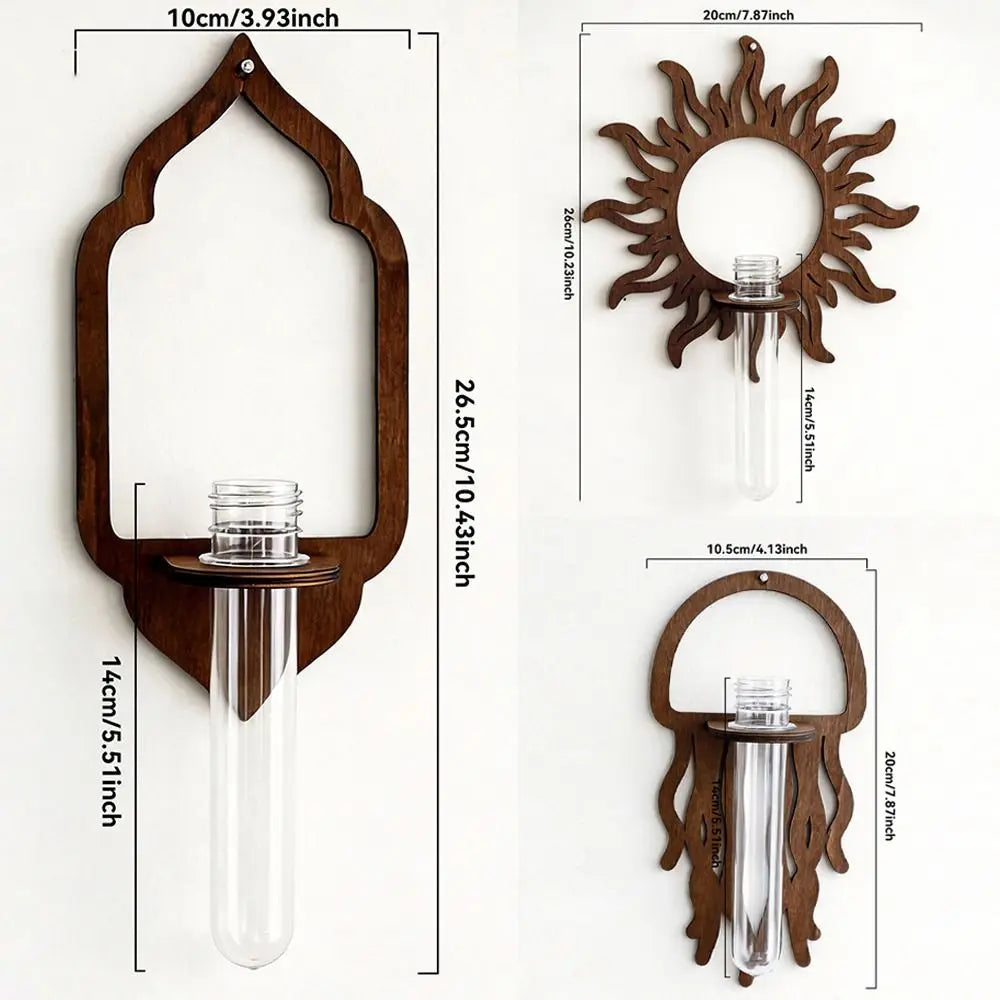 panier fleurs bois décoratif support mur transparent tubes verre arches soleil pieuvre bohème rustic
